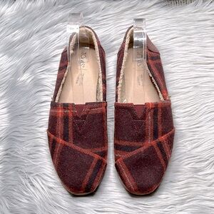 TOMS Alpargata Barn Red Earthy Plaid Leather Wrap Loafers Size 8.5